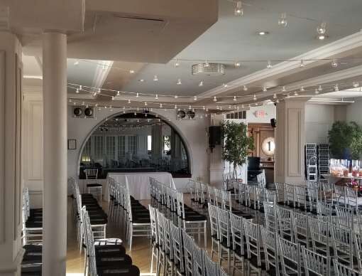 String Lights hanging in a zigzagging pattern for a wedding at The Manhattan Penthouse on Fifth Avenue.