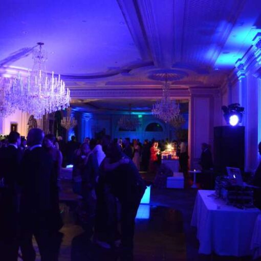 DJ equipment with speakers and moving lights for the dance floor for a massive wedding at The Rockleigh Country Club in Rockleigh, NJ.