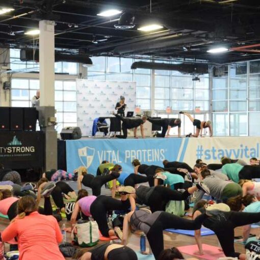Provided 30ft x 16ft stage with Speakers and Microphones for CitySTRONG group exercise event at The Brooklyn Expo Center in Brooklyn, NY.