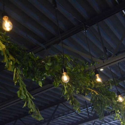 Pendant Lamps with Vintage Antique Edison Style Light Bulb hanging over the dance floor at The Gantry Loft with Up-Lighting along the perimeter walls.
