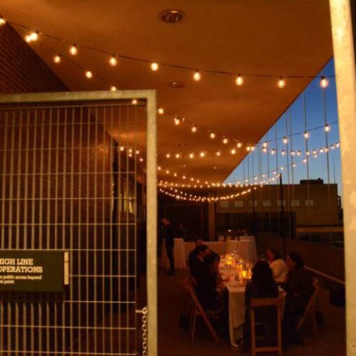 String Lights with round G50 bulbs hanging overhead for the "Outstanding in the Field" private outdoor dinner at The Planting Terrace on The High Line in the Meat Packing District in New York City.
