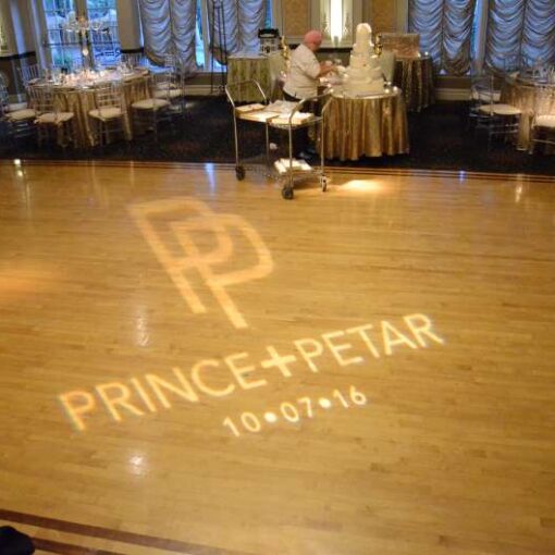 A custom gobo/monogram on the dance floor for a wedding at The V.I.P. Country Club in New Rochelle, NY.