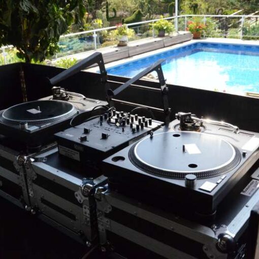 DJ Equipment for a private poolside summer party in East Moriches, New York, on the east end of Long Island.