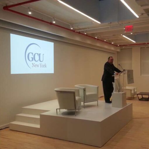 Provided speakers and microphones for a presentation by The First Minister of Scotland at the NY campus of The Glasgow Caledonian University.