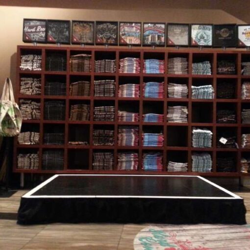 4ft x 6ft Stage platform with skirt for an in-store event at Hard Rock Cafe located next to Gate 6 at Yankee Stadium.