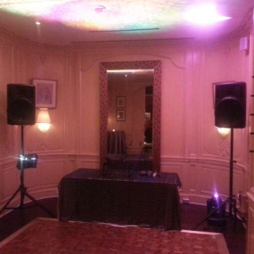 DJ equipment and lighting effects for a celebration at the beautiful and very elegant Arabelle Restaurant inside The Hotel Plaza.