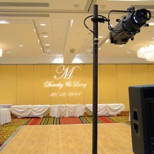 Projected a Custom Gobo (Monogram) above the Sweat Heart table for a wedding at the Long Island Marriott Hotel & Conference Center.
