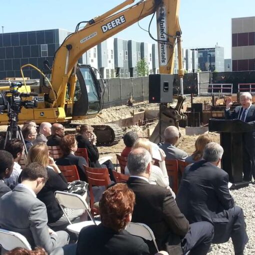 A PA system and podium for a groundbreaking ceremony featuring Brooklyn Borough President Marty Markowitz at the Gateway Elton Street II affordable housing project in Brooklyn.
