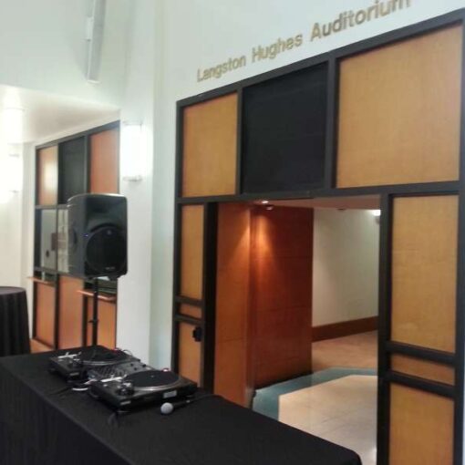 DJ equipment for a private event hosted in the Lobby of the Langston Hughes Auditorium at The Schomburg Center for Research in Black Culture located in Harlem, NY.