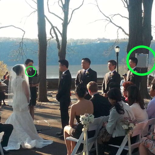 Battery powered speaker for small outdoor wedding ceremony at Linden Terrace located above the New Leaf Cafe in Fort Tyron Park.