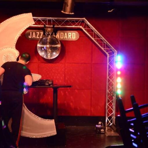 DJ Equipment and Lighting Equipment for a dance floor at a staff holiday party at Smoke Jazz & Supper Club in New York, NY.