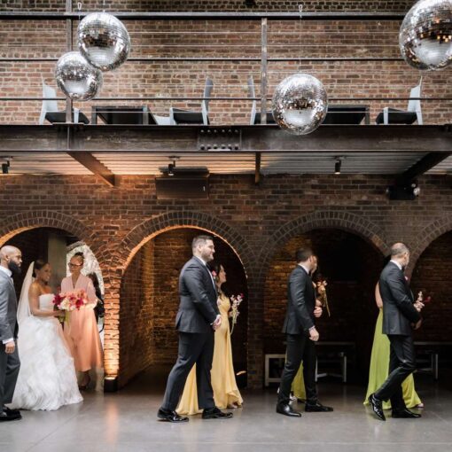 Multiple Mirror Ball hanging in the main reception room at The Found for Kim & Mert’s wedding - June 1st, 2025