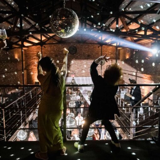Multiple Mirror Ball hanging in the main reception room at The Found for Kim & Mert’s wedding - June 1st, 2025