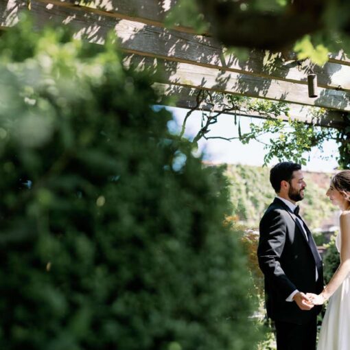 Gianna + Steven on the terrace of the Duval Suite for their summer wedding at The Foundry