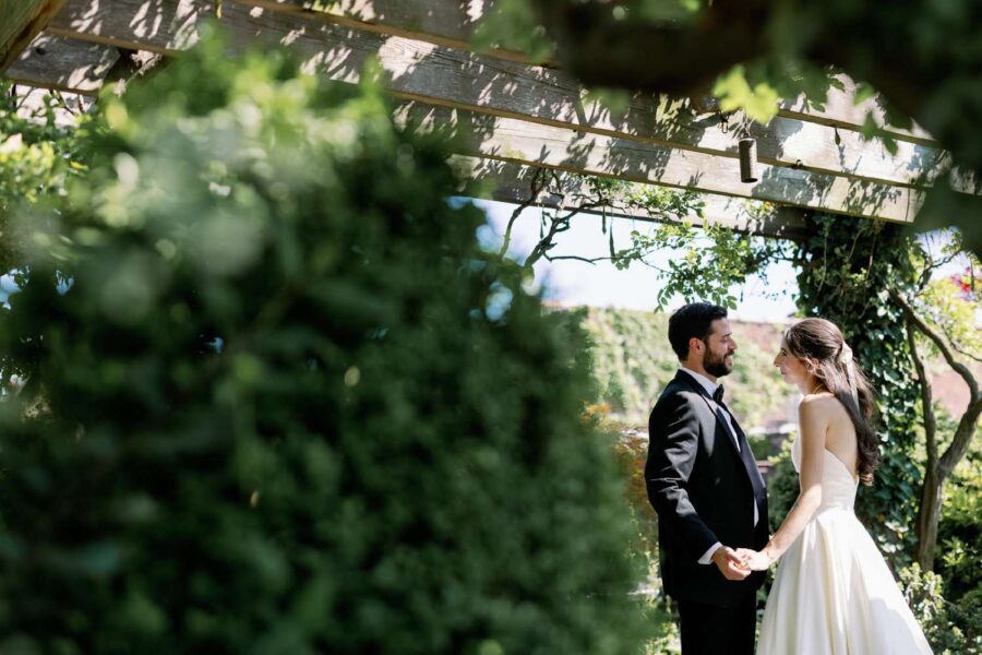 Gianna + Steven on the terrace of the Duval Suite for their summer wedding at The Foundry