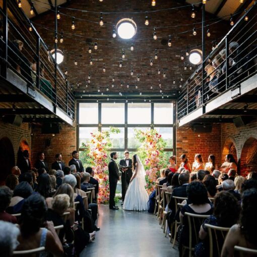 Gianna + Steven's wedding ceremony inside the main reception room with String Lights hanging overhead for their summer wedding at The Foundry