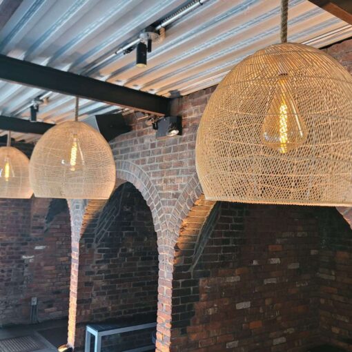 Hanging rattan lanterns at The Foundry