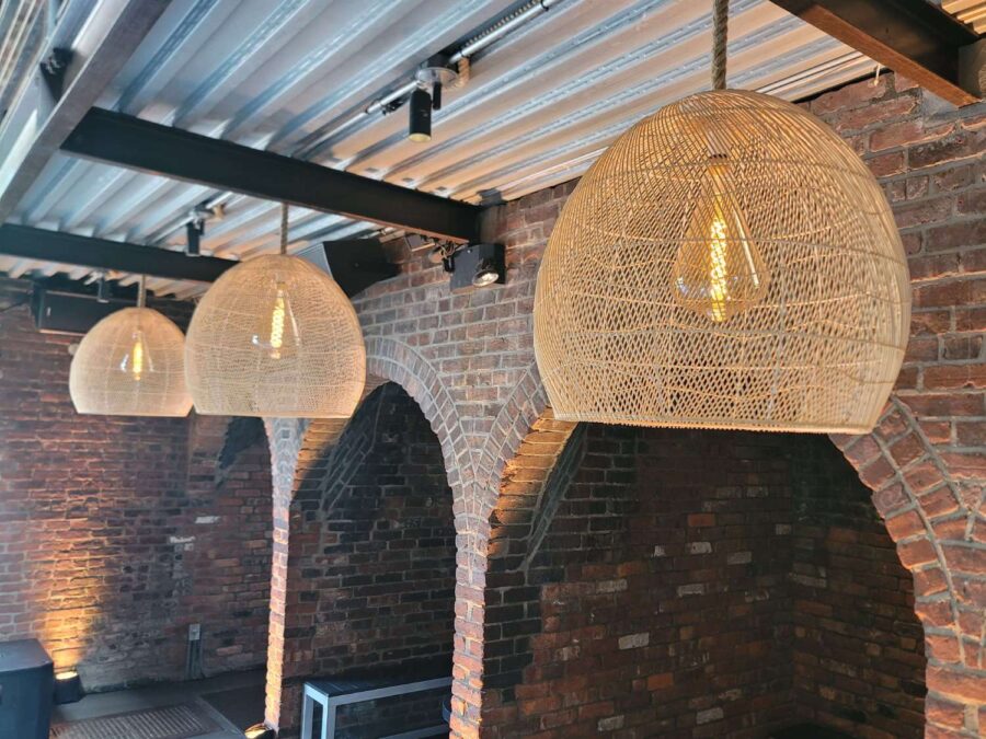 Hanging rattan lanterns at The Foundry