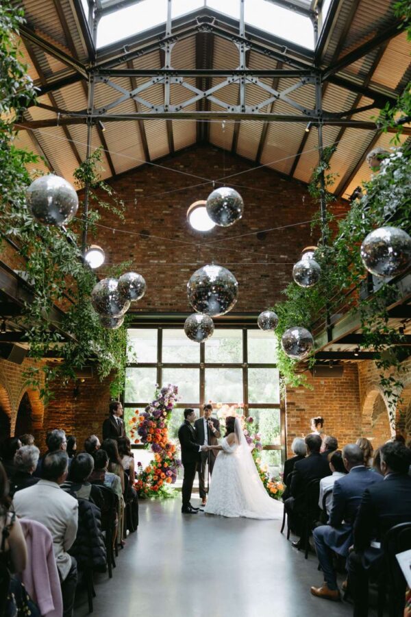 Kelly and Benjamin included a fun display of Disco Ball in the main reception for their Wedding on October 3, 2025 at The Foundry.