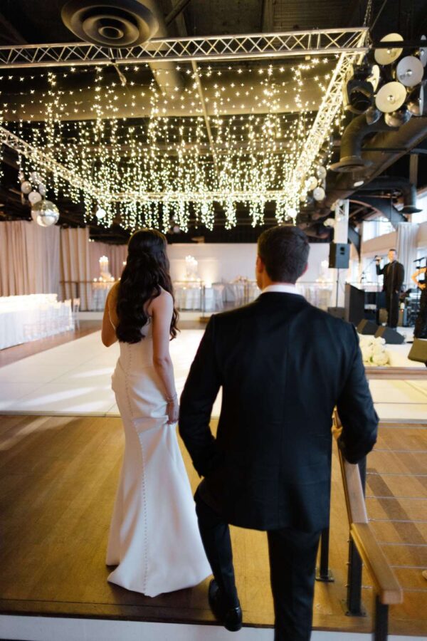 An installation of Fairy Lights and Up-Lights for Taylor and Troy's elegant wedding at The Lighthouse at Chelsea Piers.