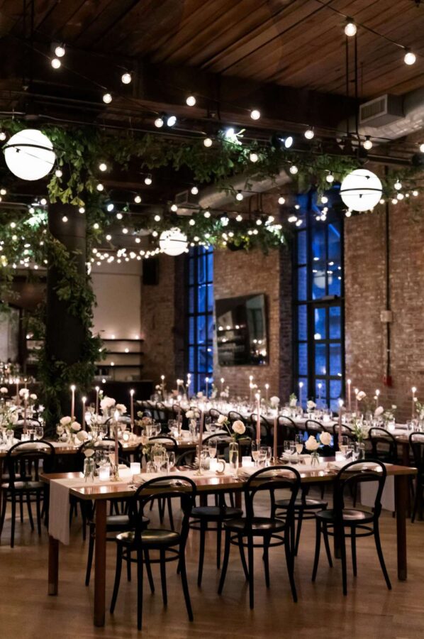 Hannah and Eric's wedding reception with zigzag String Lights at The Wythe Hotel.