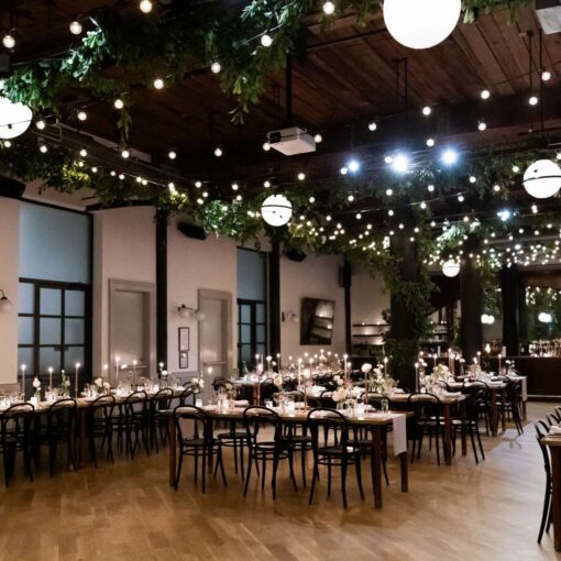 Hannah and Eric's wedding reception with zigzag String Lights at The Wythe Hotel. Hannah and Eric's wedding reception with zigzag String Lights at The Wythe Hotel.