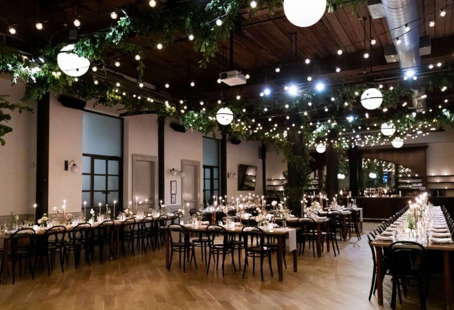 Hannah and Eric's wedding reception with zigzag String Lights at The Wythe Hotel.