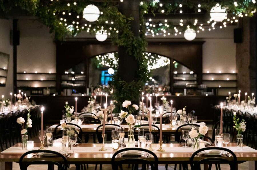 Hannah and Eric's wedding reception with zigzag String Lights at The Wythe Hotel.