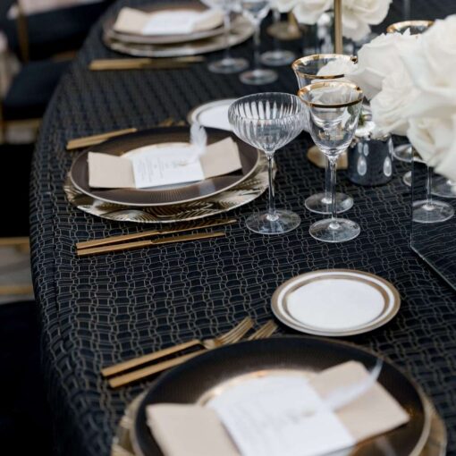 The table setting at Pardis & Justin’s Great Gatsby themed Wedding at The Foundry - November 8, 2025