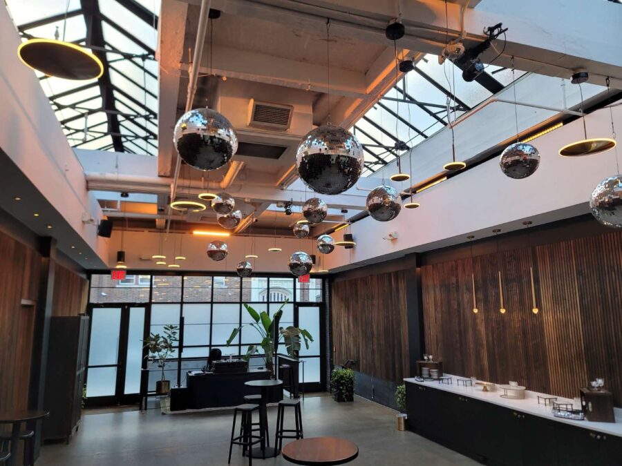 Mirror Balls above the dance floor in the Gallery for a wedding at The Brooklyn Winery, October 31, 2025