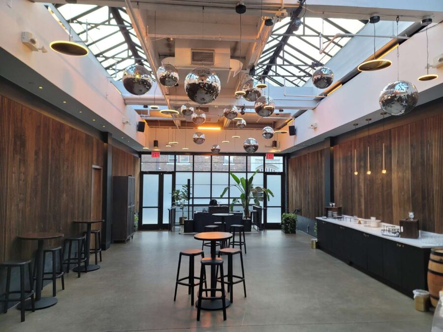 Mirror Balls above the dance floor in the Gallery for a wedding at The Brooklyn Winery, October 31, 2025