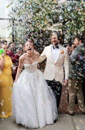 Post ceremony bubbles Arden and Keith vibrant and colorful Brooklyn wedding at Rule of Thirds.
