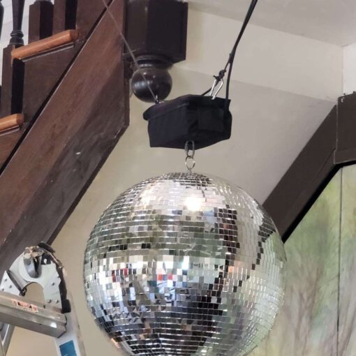 A mirror ball for a wedding in the Prospect Park Boathouse.