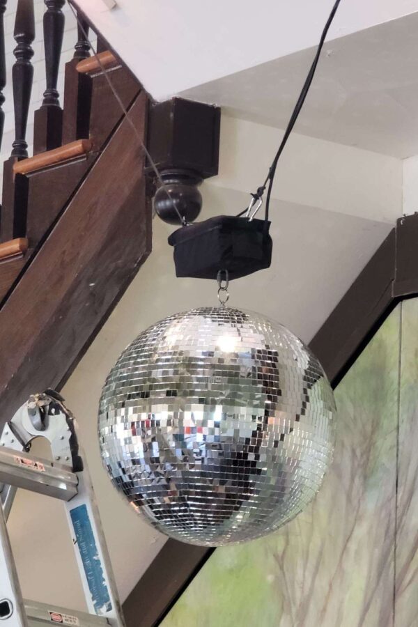 A mirror ball for a wedding in the Prospect Park Boathouse.