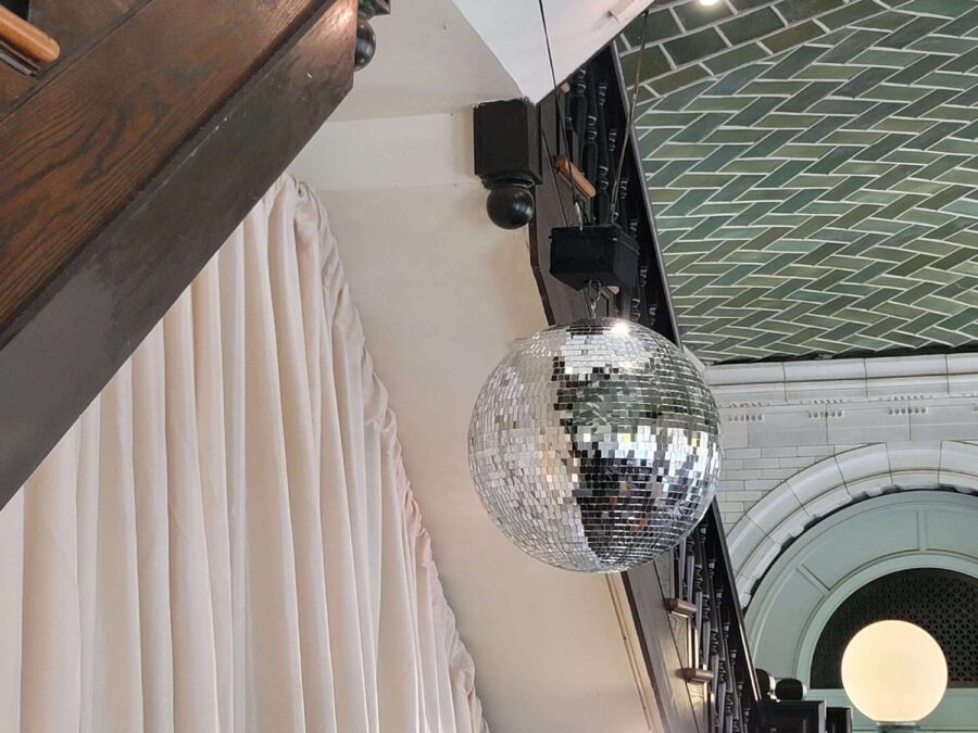 A mirror ball for a wedding in the Prospect Park Boathouse.