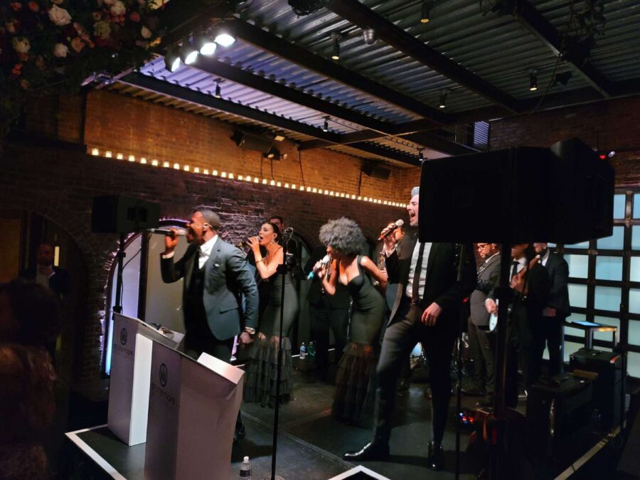 Stage Lighting for On The Move Band performing at a wedding in the main room at The Foundry