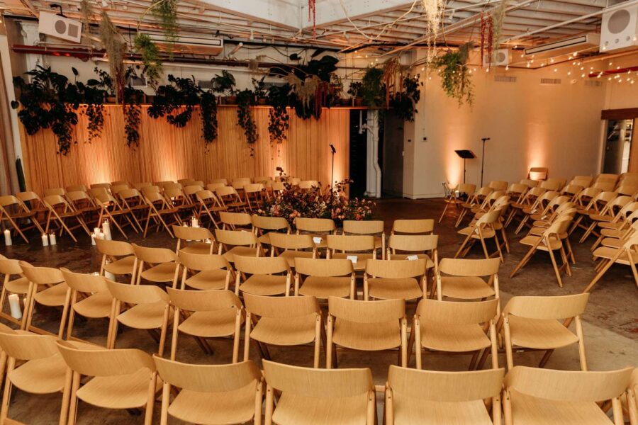 Bryan and Chris utilized zigzag String Lights and up-lights in The Atrium for their wedding at Rule of Thirds.