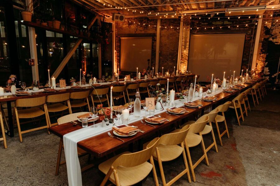 Bryan and Chris utilized zigzag String Lights and up-lights in The Corner Room for their wedding at Rule of Thirds.