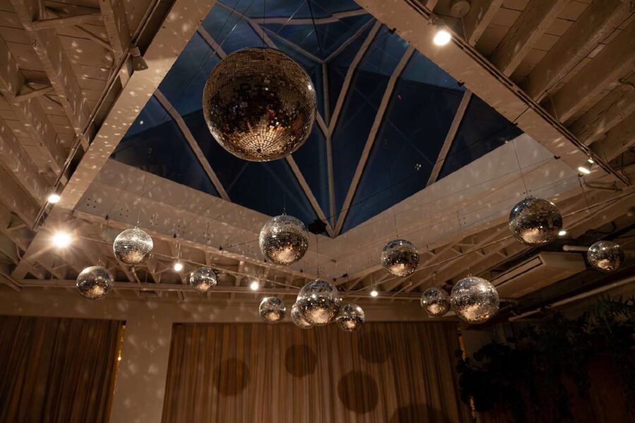 Jessica and Jay's wedding at Rule of Thirds on New Year's Eve with mirror balls.