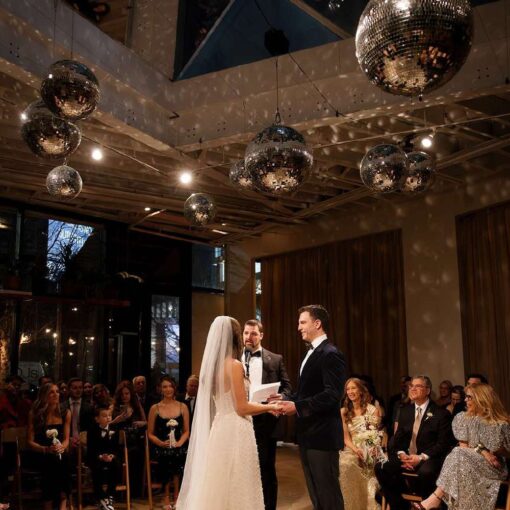Jessica and Jay's wedding at Rule of Thirds on New Year's Eve with mirror balls.