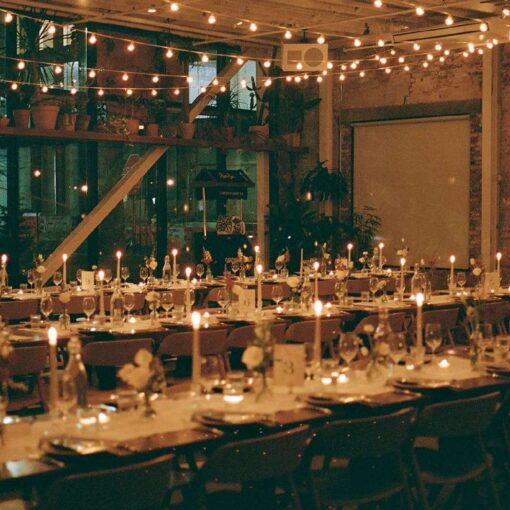 Jessica and Jay's wedding at Rule of Thirds on New Year's Eve with string lights.