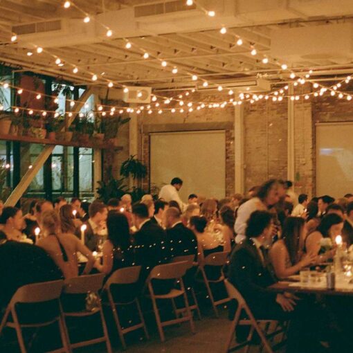 Jessica and Jay's wedding at Rule of Thirds on New Year's Eve with string lights.