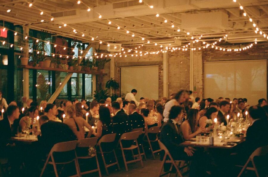 Jessica and Jay's wedding at Rule of Thirds on New Year's Eve with string lights.