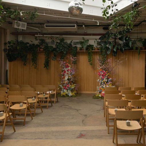 A spring wedding ceremony in The Atrium at Rule of Thirds in Brooklyn, NY.