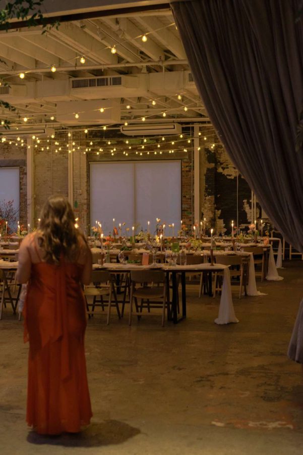 String Lights hanging in The Corner Room above the dinner tables at Rule of Thirds in Brooklyn, NY.