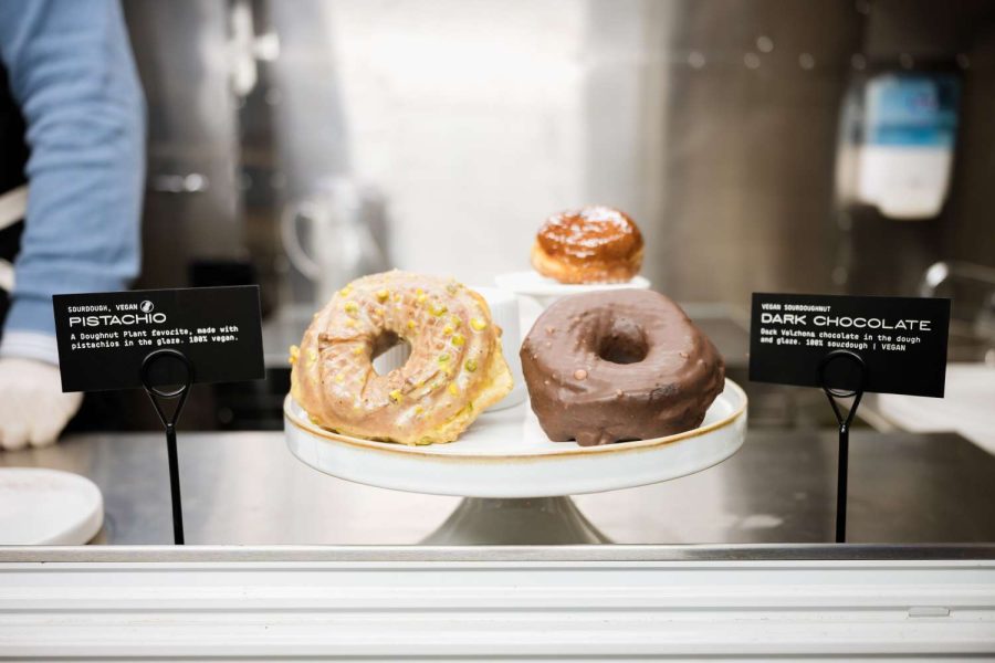 A selection of vegan artisanal doughnuts from Doughnut Plant, a gourmet doughnut shop in New York City